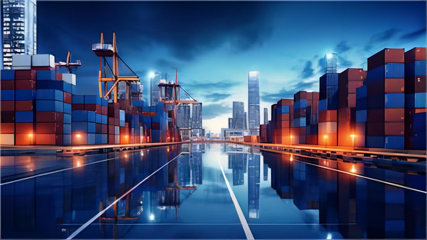 Container ship at port representing china to europe shipping door to door