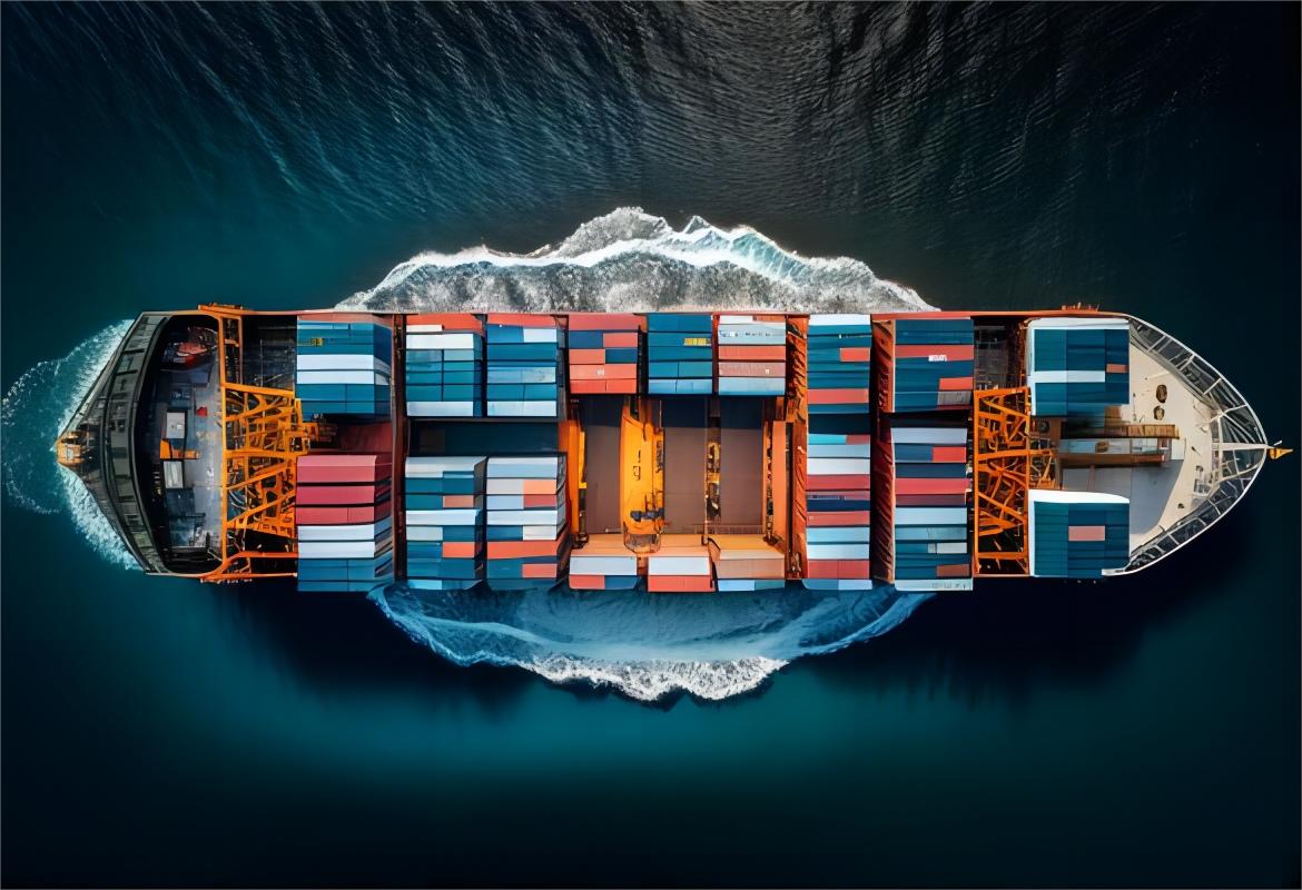 Cargo ship loaded with containers at a busy international port